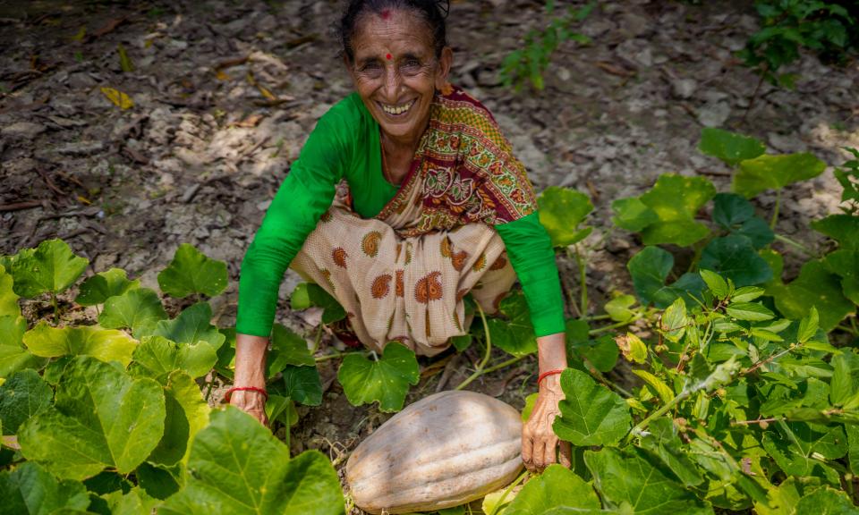 An elderly woman smiling while squatting in a garden. She is surrounded by green plants, and in front of her is a large, pale pumpkin-like vegetable.