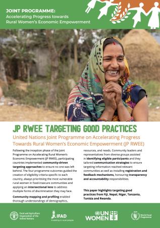 Cover of the document titled ‘JP RWEE Targeting Good Practices,’ featuring a photo of a smiling Nepalese woman looking to the right.