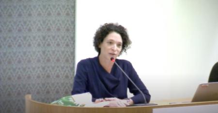 A woman in navy speaking in a conference setting