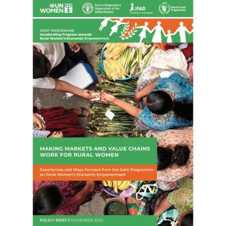 Front cover of the report, 'Making Markets and Value Chains Work for Rural Women'. It shows many women from above trading goods for money in a market setting.